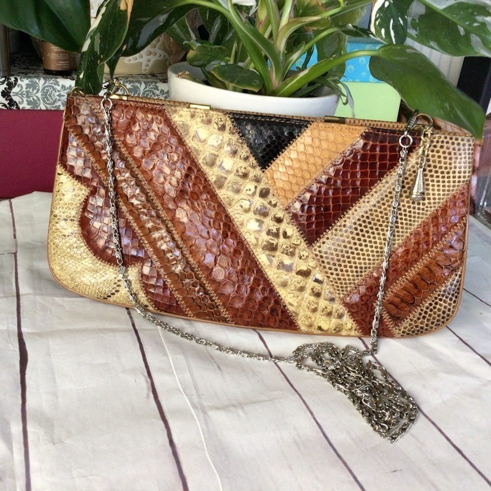 Vintage Retro Bass Supreme Multicolor Patchwork Leather Shoulder Bag Gold Tone - Picture 14 of 14